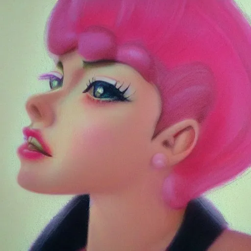 Image similar to beautiful pink little girl, profile picture, vintage fashion, highly detailed, reflection, realistic artwork, hd, inspired by jojo bizarre adventure