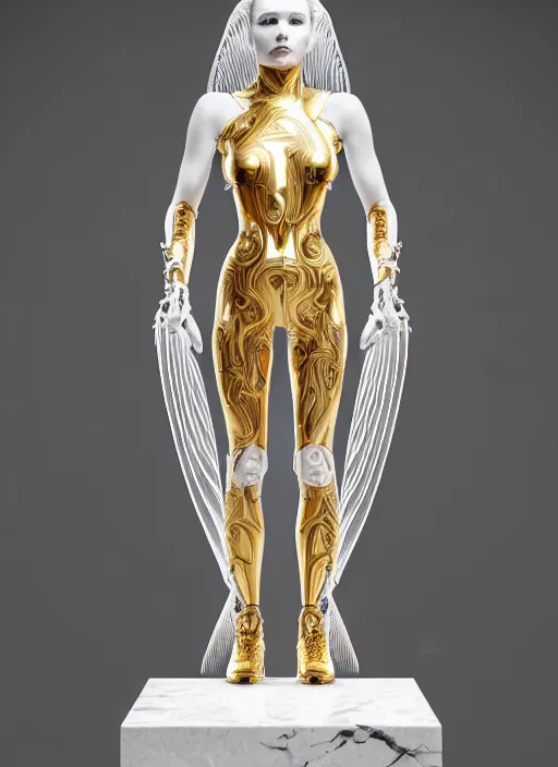 Image similar to a statue made of white marble with gold veins, of an beautiful gorgeous futuristic cybernetic angel girl, prostheses, transhumanism, full body shot, perfect symmetrical body, perfect symmetrical face, hyper realistic, hyper detailed, by johannen voss, by peter kemp, by monia merlo, by michelangelo, octane render, blender, 8 k