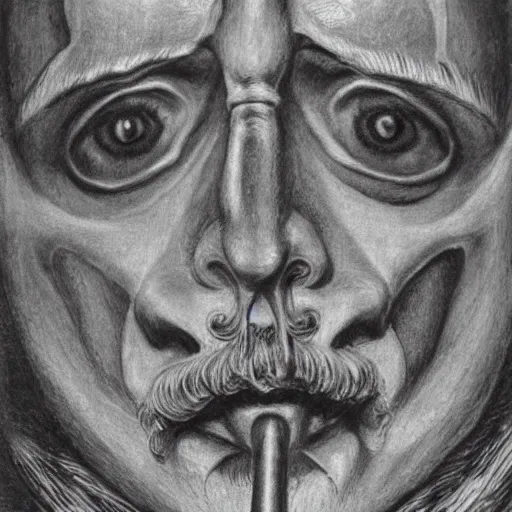 Image similar to Close-up of Don Quixote, pencil drawing. El Greco, Remedios Varo, Salvador Dali, Carl Gustav Carus, John Atkinson Grimshaw. Blue tint. Symetrical, logo, geometric shapes.