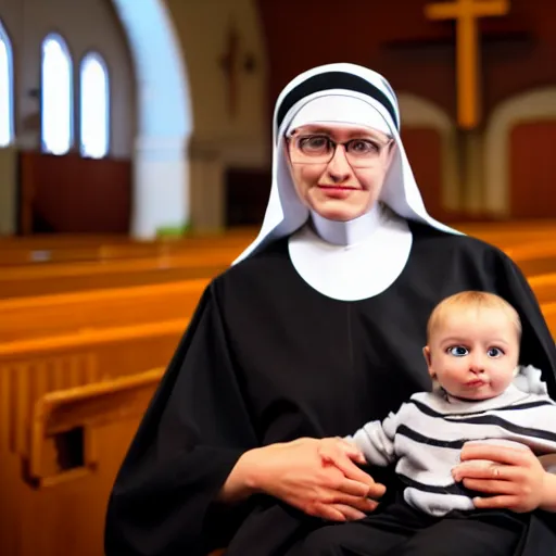 Image similar to a nun sitting in church holding a demonic baby on her lap