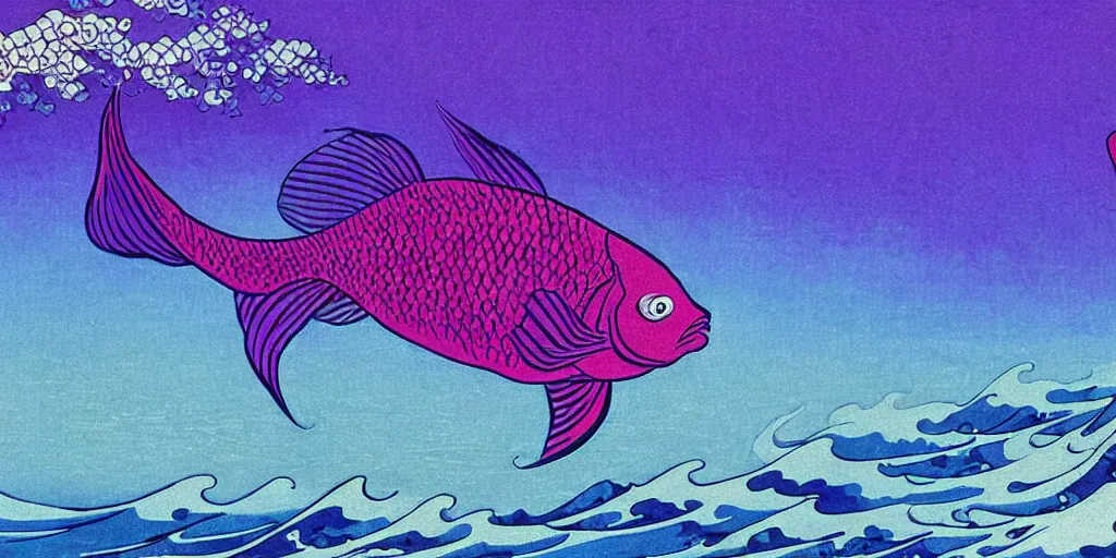 Image similar to breath takingly stunningly beautiful, purple fish, swimming in a beautiful coral reef, aesthetically pleasing Digital art, Concept art by Hokusai and Vincent Van Gogh and Claude Monet