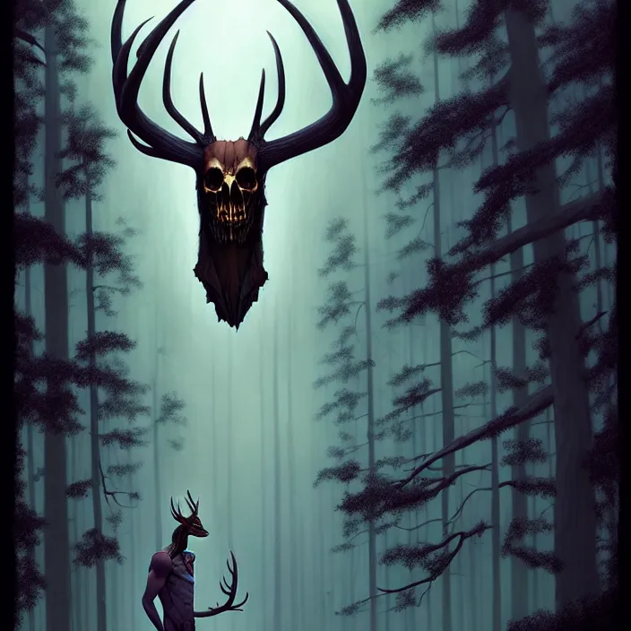 Prompt: rafeal albuquerque comic art, joshua middleton, tim jacobus, artgerm : : wendigo monster with deer skull face, antlers, furry body, tall and lanky : : walking through the forest : : night time : : spooky, scary, fog