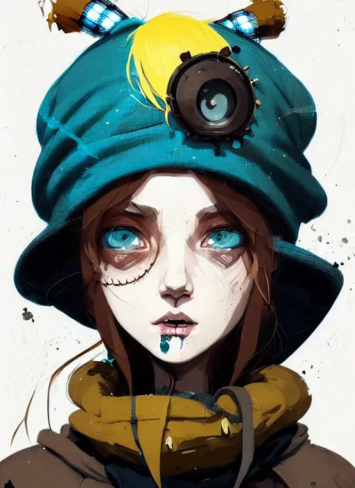 Image similar to highly detailed portrait of a sewer punk lady student, blue eyes, tartan hoody, hat, white hair by atey ghailan, by greg rutkowski, by greg tocchini, by james gilleard, by joe fenton, by kaethe butcher, gradient yellow, black, brown and cyan color scheme, grunge aesthetic!!! ( ( graffiti tag wall