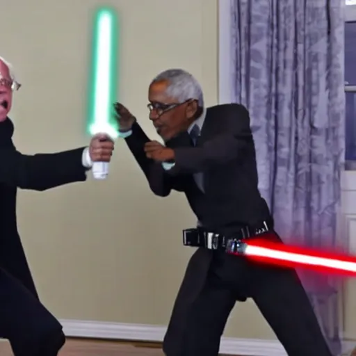 Prompt: Obama in a lightsaber duel with Bernie sanders