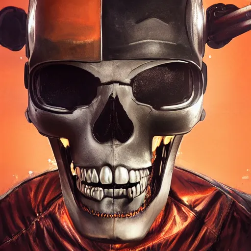 Prompt: a portrait of an cyborg vintage skull, vampire teeth, in an orange racing helmet by sandra chevrier, detailed render, epic composition, cybernetics, 4 k realistic, cryengine, realistic shaded lighting, sharp focus, masterpiece, by matteo scalera, gary montalbano, peter elson in the style of the tokyo ghost comic