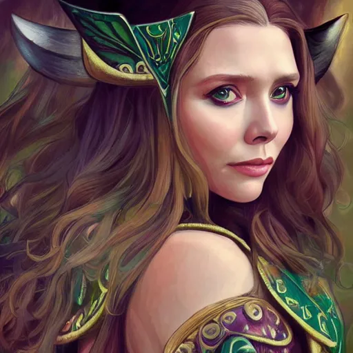 Image similar to Elizabeth Olsen as a elf archer, cute, fantasy, intricate, elegant, highly detailed, centered, digital painting, artstation, concept art, smooth, sharp focus, illustration, art by artgerm and H R Giger and alphonse mucha