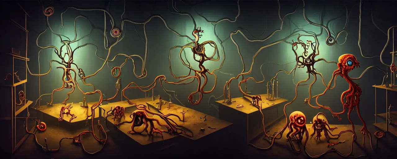 Image similar to uncanny alchemist chthonic creatures inside a visceral arterial alchemical lab within the left ventricle of a human heart, dramatic lighting, surreal fleischer cartoon characters, surreal painting by ronny khalil