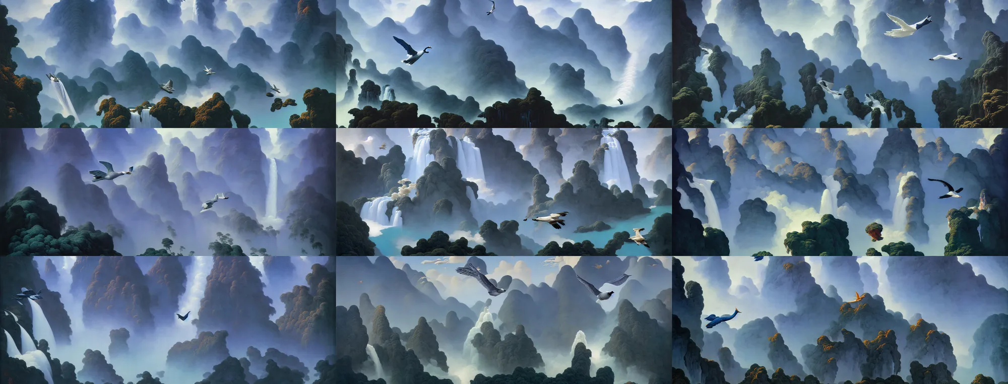 Image similar to flying wild goose arraya through the clouds. gorgeous aerial view painting by barlowe wayne maxfield parrish and marco mazzoni. sapa in china. grey blue. ultra clear detailed. 3 d, octane render. waterfall. turbulent blood lake. 8 k