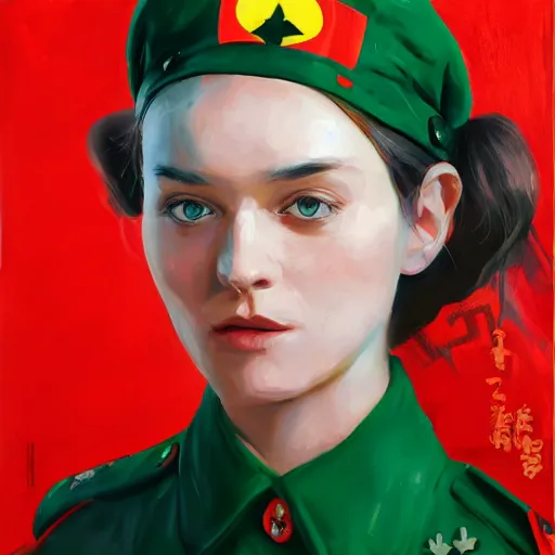 Image similar to oil paining of twentytwo year old female character with cat ears wearing soviet era uniform, wearing a tshirt with a face of karl marx on it, in the style of krenz cushart