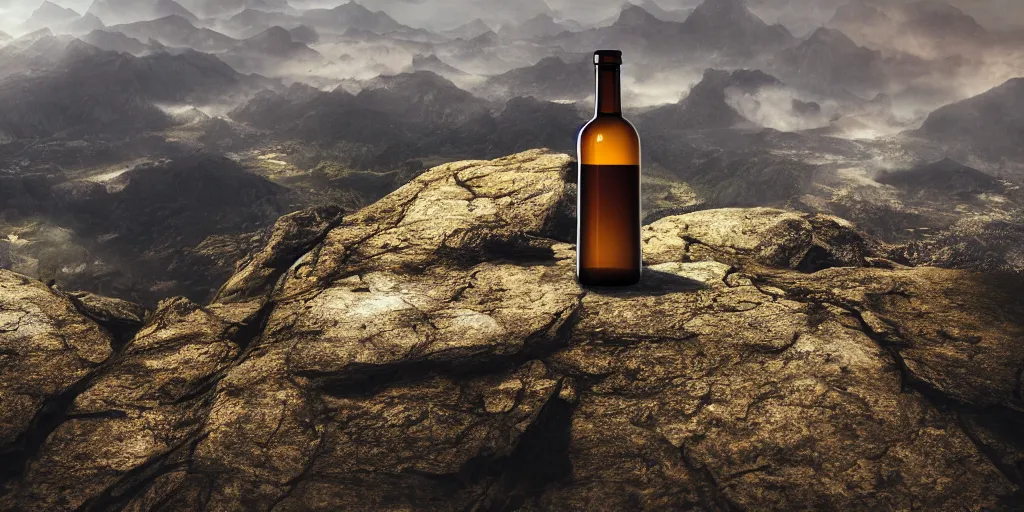 Prompt: a photographic picture of a bottle on top of a mountain, photographic filter, unreal engine 5, realistic, hyperdetailed, 8 k, cinematic, volumetric lighting, very realistic effect, hd, hdr, 4 k, sharp focus, octane render, ultra detailed, high resolution, trending on artstation in the style of albert dros glowing rich colors powerful imagery