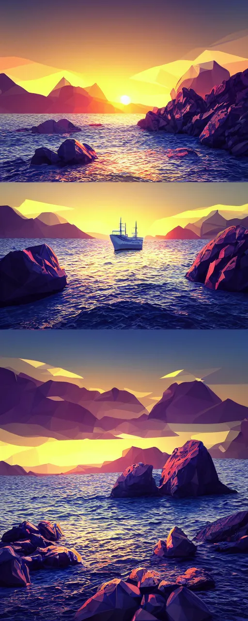 Image similar to super detailed color lowpoly art, northern sunset with rocks on front, monochrome photorealistic bay in the middle of perspective and mountains at background, big graphic ship in the middle of composition, unreal engine, high contrast color palette, 3 d render, lowpoly, colorful, digital art, perspective, robb cobb