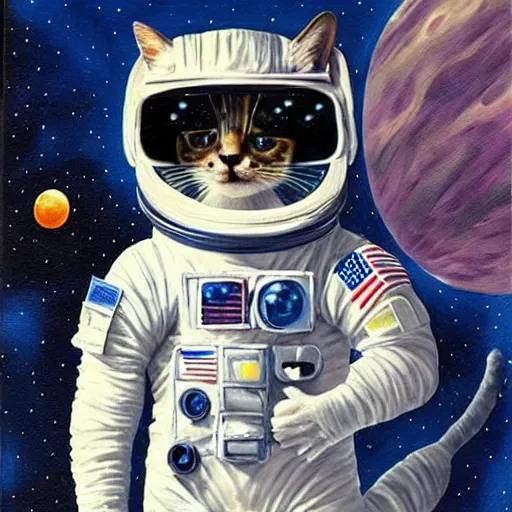 Image similar to a cat astronaut in front of a space station, oil painting