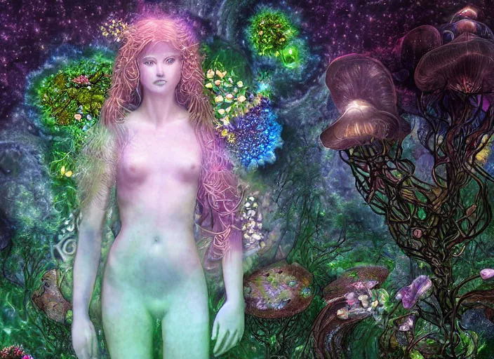 Image similar to glowing delicate flower and mushrooms that grow in a dark fatansy forest on the planet Pandora, an idealistic marble statue with fractal flowery hair in a fractal garden,