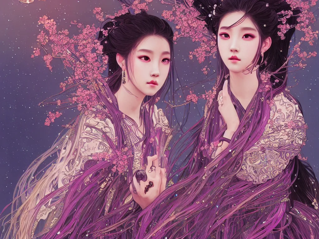 Image similar to portrait jisoo blackpink, wearings samurai colorpunk armor, in temple firefly stormy sparkles night, ssci - fi and fantasy, intricate and very very beautiful and elegant, highly detailed, digital painting, artstation, concept art, smooth and sharp focus, illustration, art by tian zi and wlop and alphonse mucha