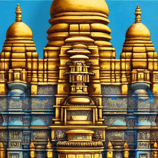 Prompt: architecural painting of a hidden city with a statue in the middle with hindu influences, artstation, detailed in gold and blue hues