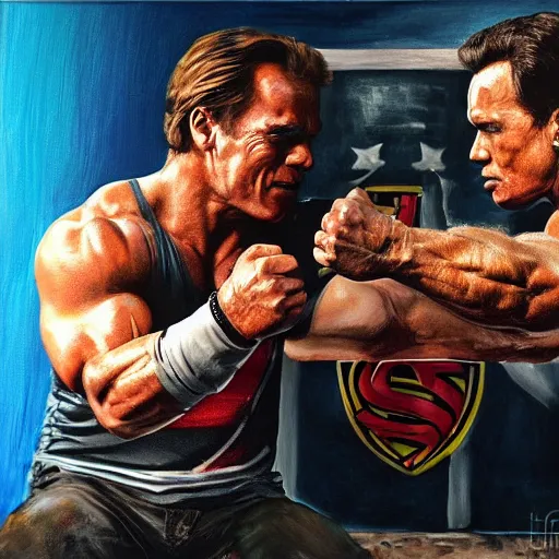 Image similar to henry cavill arm wrestling arnold schwarzenegger, painting, 4 k, sharp focus