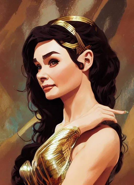 Prompt: Audrey Hepburn as wonder woman, fantasy, intricate, elegant, highly detailed, digital painting, artstation, concept art, smooth, sharp focus, illustration, art by artgerm and greg rutkowski and alphonse mucha