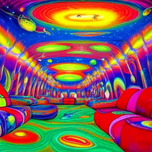 Image similar to psychedelic trippy couch in space, planets, milky way, sofa, cartoon by rob gonsalves and dale chihuly