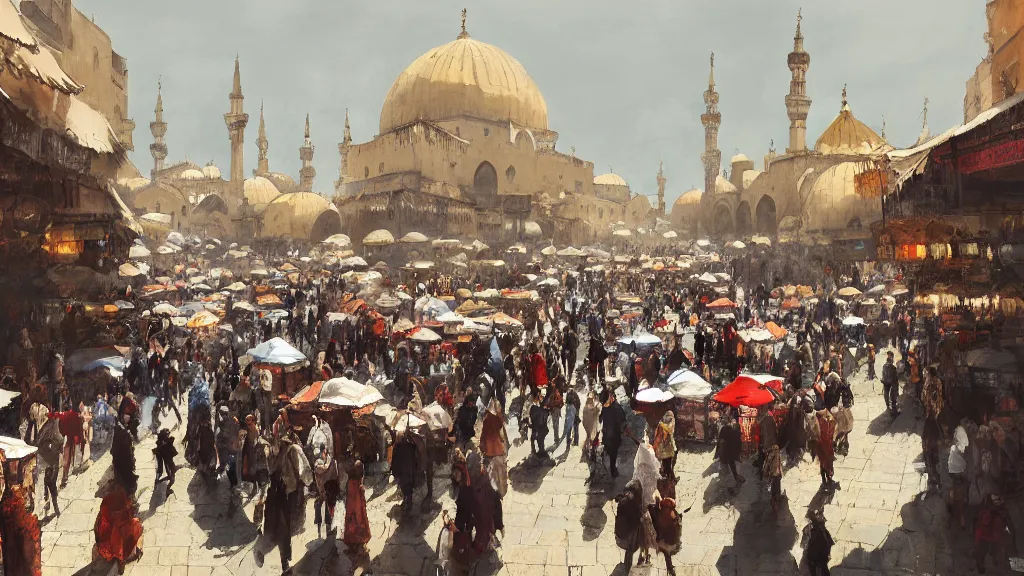 Image similar to Crowded arabic grand bazaar square filled with marketplace stand tents, papyrus, watercolored, jakub rozalski, dark colours, dieselpunk, artstation