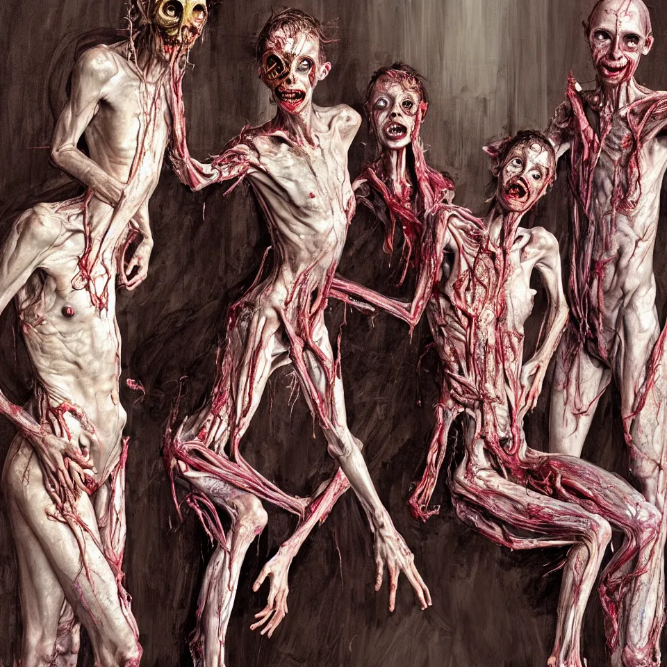 Image similar to bright realistic anorexic cult turning into gods and deamons and smiling franticly, old apartment, rotten flesh, diffuse lighting, fantasy, intricate, elegant, highly detailed, lifelike, photorealistic, digital painting, artstation, illustration, concept art, smooth, sharp focus, art by francis bacon and jenny saville