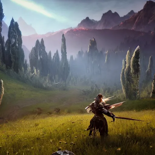 Prompt: a battle between two fantasy armies in a magical landscape with a meadow in the foreground, a forest in the background and a mountain on the horizon, realistic, detailed, cinematic light, art by unreal engine 5 art