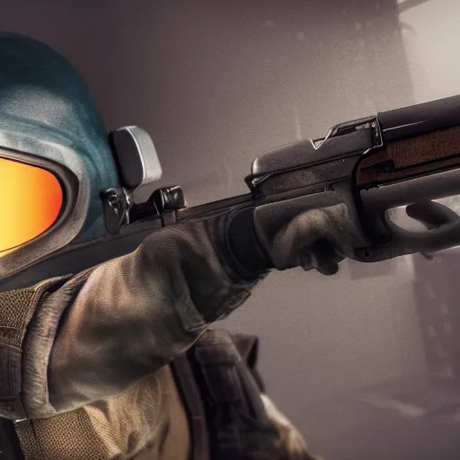 Image similar to bandit with balaclava holding shotgun, dark photo, beautiful details, hdr, octane render