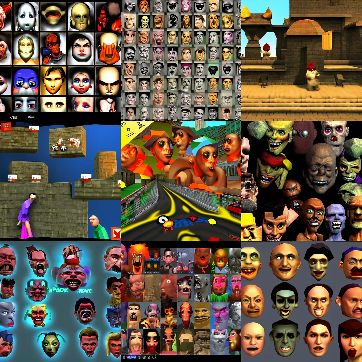 Prompt: vivid, grotesque faces protruding from a black background. lo quality graphics, low poly render. PlayStation 1 game screenshot