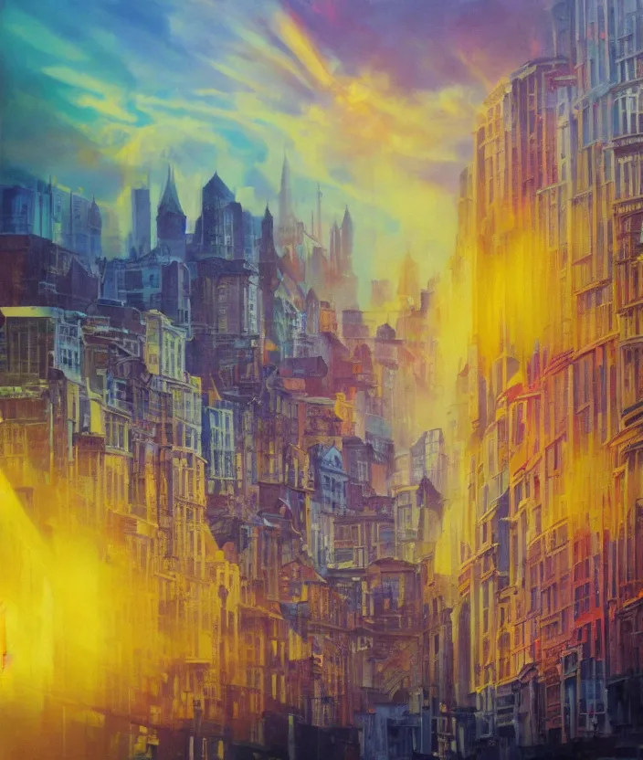 Image similar to An extremely close up shot of the interior of a European City with rays of sunlight bouncing off the buildings, sunrise, sunset, bright yet cool colors, colors and rays of yellow orange red pink purple and blue cover the image, melancholic, nostalgic, cool, epic, oil painting, painting, trending on deviantart, trending on artstation, realistic, polaroid photograph, polaroid, lens blur, photo, realistic, hyperrealistic, very realistic, detailed, very detailed, intriciate detail, intricate details, HD quality, 4k resolution, 8k resolution, in the style of an album cover, in the style of Édouard Cortès