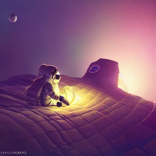 Image similar to astronaut sleeping in bed on moon, bioluminescence, vegetation, colorful, rim light, highly detailed, tilt shift, digital painting, concept art, smooth, sharp focus, pleasing aesthetics, 3 d render, octane render, disney pixar, 4 k