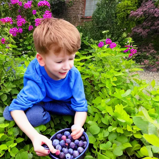 Image similar to a boy steals blueberries from a british garden, hyper realistic, 4 k, photo