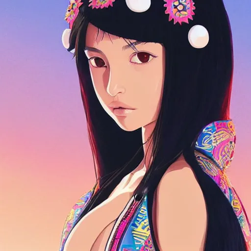 Image similar to a beautiful young japanese natalie portman alluring gravure model, stylized concept art, wearing elaborate oversized designer bomber jacket and one piece bikini, bulky bomber jacket with mesoamerican patterns, mesoamerican native street fashion, princess mononoke, painted by ilya kuvshinov aesthetic, gorgeous, stunning, alluring, attractive, artstation, pinterest, digital art
