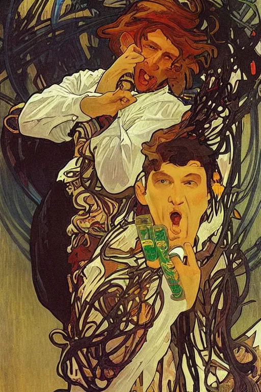 Prompt: gamer raging and spilling his mountain dew and cheetos everywhere, by Alphonse Mucha,