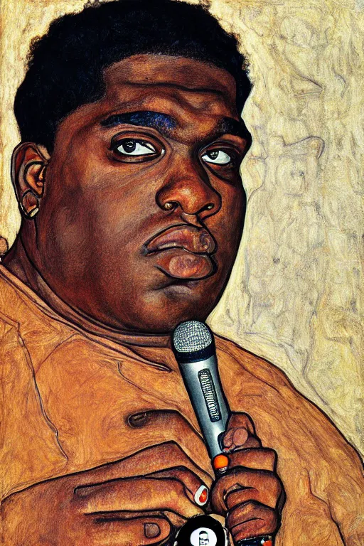 Image similar to a portrait of biggie smalls holding a mic in a hand by egon schiele, masterpiece, hyperdetailed, complex, intricate, old school, 9 0 s, 4 k, trending on artstation