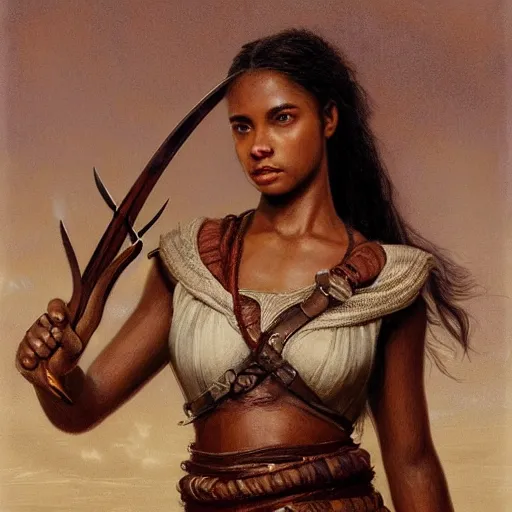 Image similar to artstation concept of a beautiful girl holding a sword in both hands, brown skin, sweaty skin, symmetrical face, casual white garment, brown canyon background, shiny colorful, hyperdetailed, artstation trending, world renowned artists, worth1000.com, historic artworks society, antique renewel, cgsociety, by greg rutkowski, by Gustave Dore, Deviantart