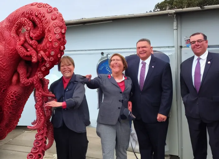 Image similar to a politician photo op with a tentacle monster