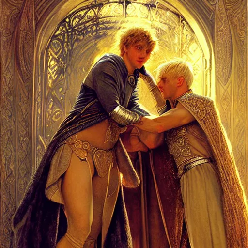 Image similar to stunning arthur pendragon in love with stunning male merlin the mage. they are close to each other. highly detailed painting by gaston bussiere, craig mullins, j. c. leyendecker