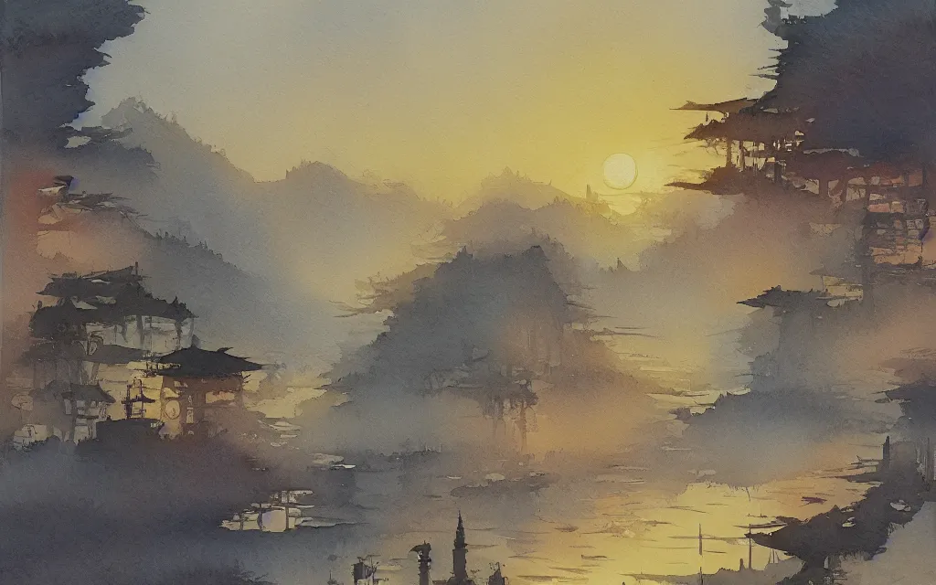 Prompt: centered on watercolor paper, paint brush strokes, watercolor painting of a fantasy artifact landscape at dawn, oriental, cinematic light, in the style of noriyoshi ohrai