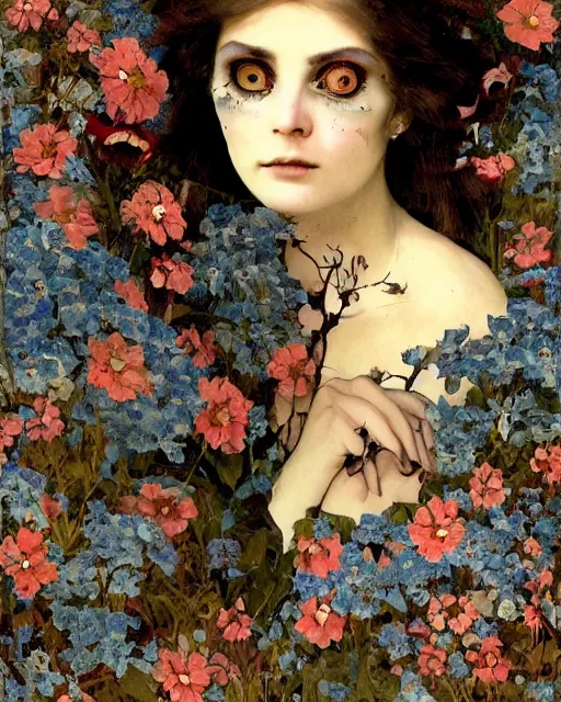 Prompt: a pretty but sinister and creepy woman in layers of fear decoupage, with haunted eyes, violence in her eyes, 1 9 7 0 s, seventies, delicate embellishments, a little blood, woodland, blue dawn light shining on wildflowers, painterly, offset printing technique, by walter popp, alexandre cabanel