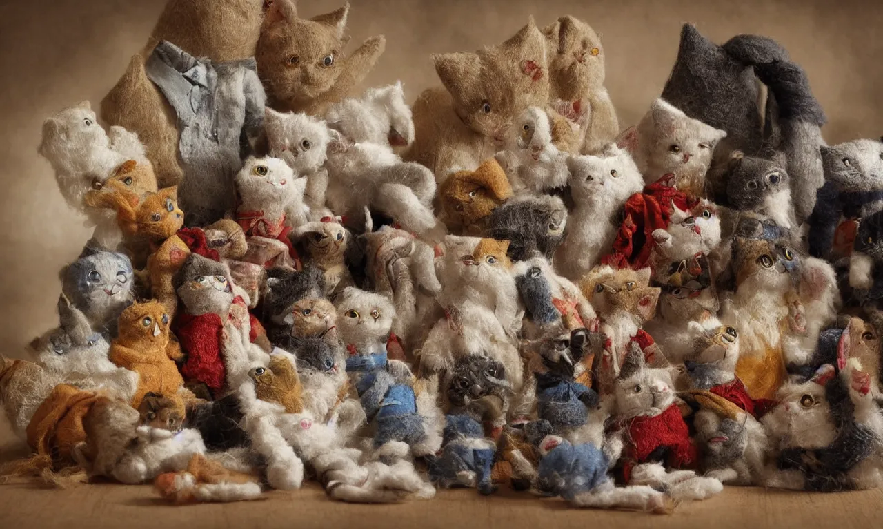 Prompt: a cinematic picture of cats, handmade and handstitched cloth rag dolls in the form of a cat, stitched fabric cat dolls, childrens toy, a child's doll, visible stitching, embroidery, by James C. Christensen, by Tomasz Alen Kopera, by Raphael, by Caravaggio, 8K, rendered in Octane, cinematic, 3D, volumetric lighting, highly detailed, photorealistic, hyperrealism