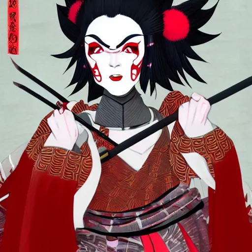 Prompt: an insane kabuki wielding a spear while striking a pose, magical aura of insanity driving beasts insane, intricate hakama, red wig, detailed face with crossed eyes, high energy, trending on artstation, detailed concept art,