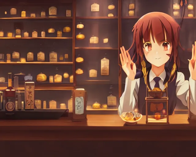 Image similar to anime visual, portrait of a young female traveler in a alchemist's potion shop interior, cute face by yoh yoshinari, katsura masakazu, cinematic luts, cold studio lighting, dynamic pose, dynamic perspective, strong silhouette, anime cels, ilya kuvshinov, cel shaded, crisp and sharp, rounded eyes