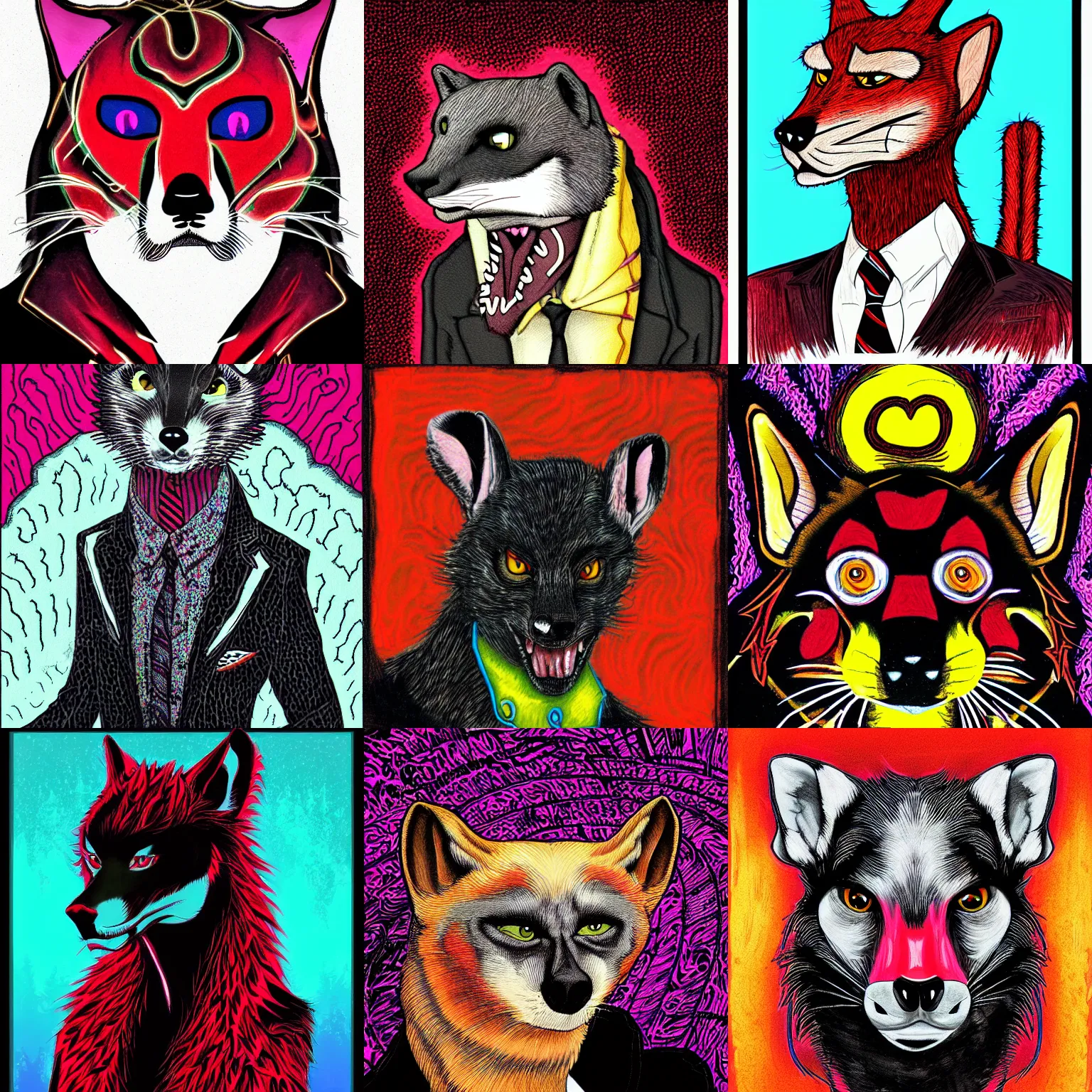 Image similar to handsome weasel fursona portrait, male, red - black, dark psychedelia style, refer to late timothy leary, schizophrenic art