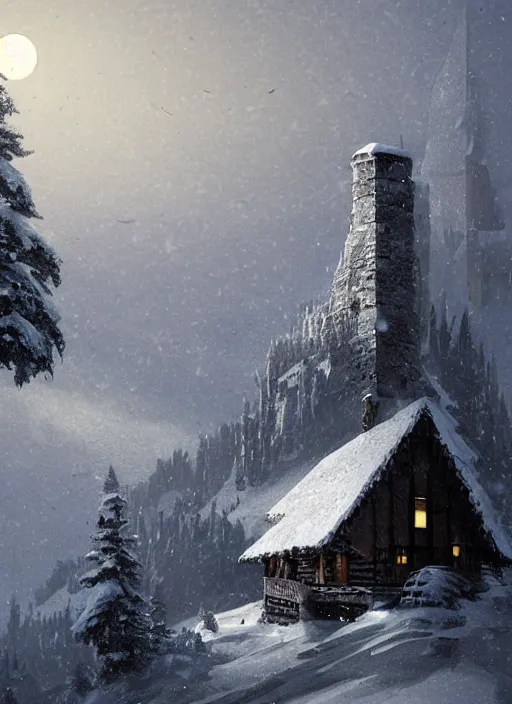 Image similar to a cabin castle on the top of a snowy mountain, crescent moon, greg rutkowski, 8 k, shallow depth of field, intricate detail, concept art,