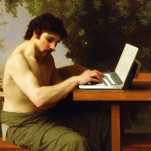 Image similar to an oil painting of an man playing a laptop, by Bouguereau, highly detailed and intricate,