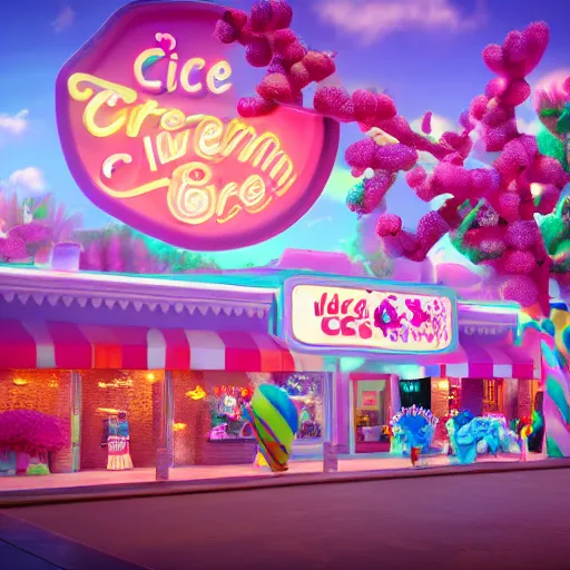 Image similar to ice cream world, candy tree, human pets, 3 d render, illustrated, incredible details, highly detailed, colorful, photorealistic, disney pixar, octane render, iridescent, anime, 8 k