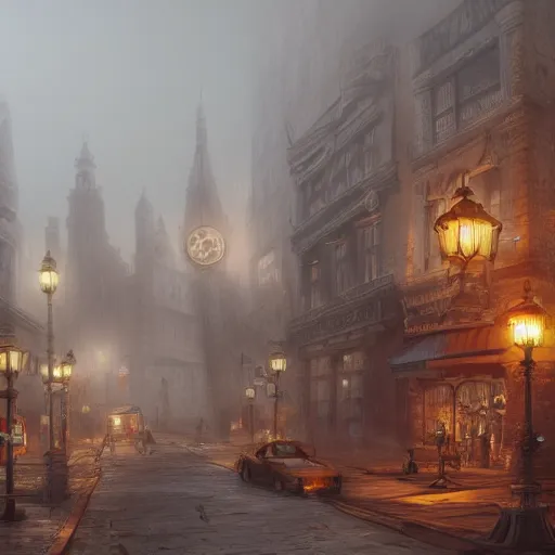 Prompt: a steampunk city shrouded in fog, highly detailed, 8k, sharp focus, trending on artstation