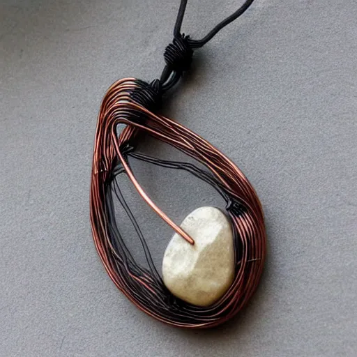 Image similar to beautiful but simple amulet made from equal parts bright sandstone and dark sandstone, bound together by copper wire and representing powerful love