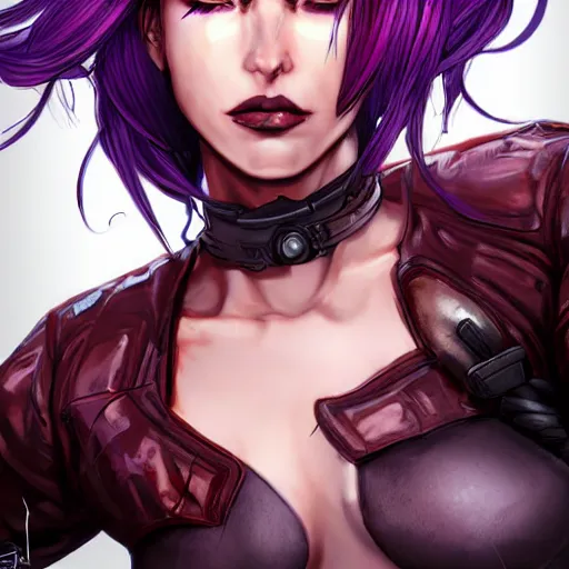 Prompt: extreme close up portrait, pale woman with flowing purple hair in rusty sci - fi power armor, high detail, eyepatch, covered eye, black and red background, stoic, elegant, muscles, powerful, commanding, by stjepan sejic, sunstone, dc comic, marvel comic