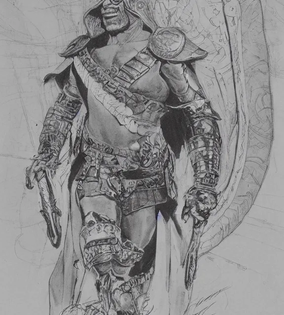 Prompt: An ultra-detailed hyperrealistic portrait of James Earl Jones as Thulsa Doom with long black hair and rune-engraved armor, by John Buscema , Frank Frazetta and Bill Sienkiewicz, trending on marvel, trending on artstation