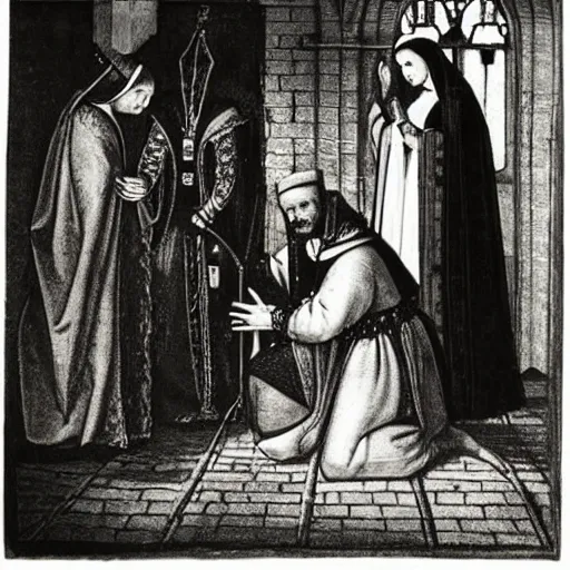 Prompt: photograph of anne boleyn praying with executioner Tower of London 1536